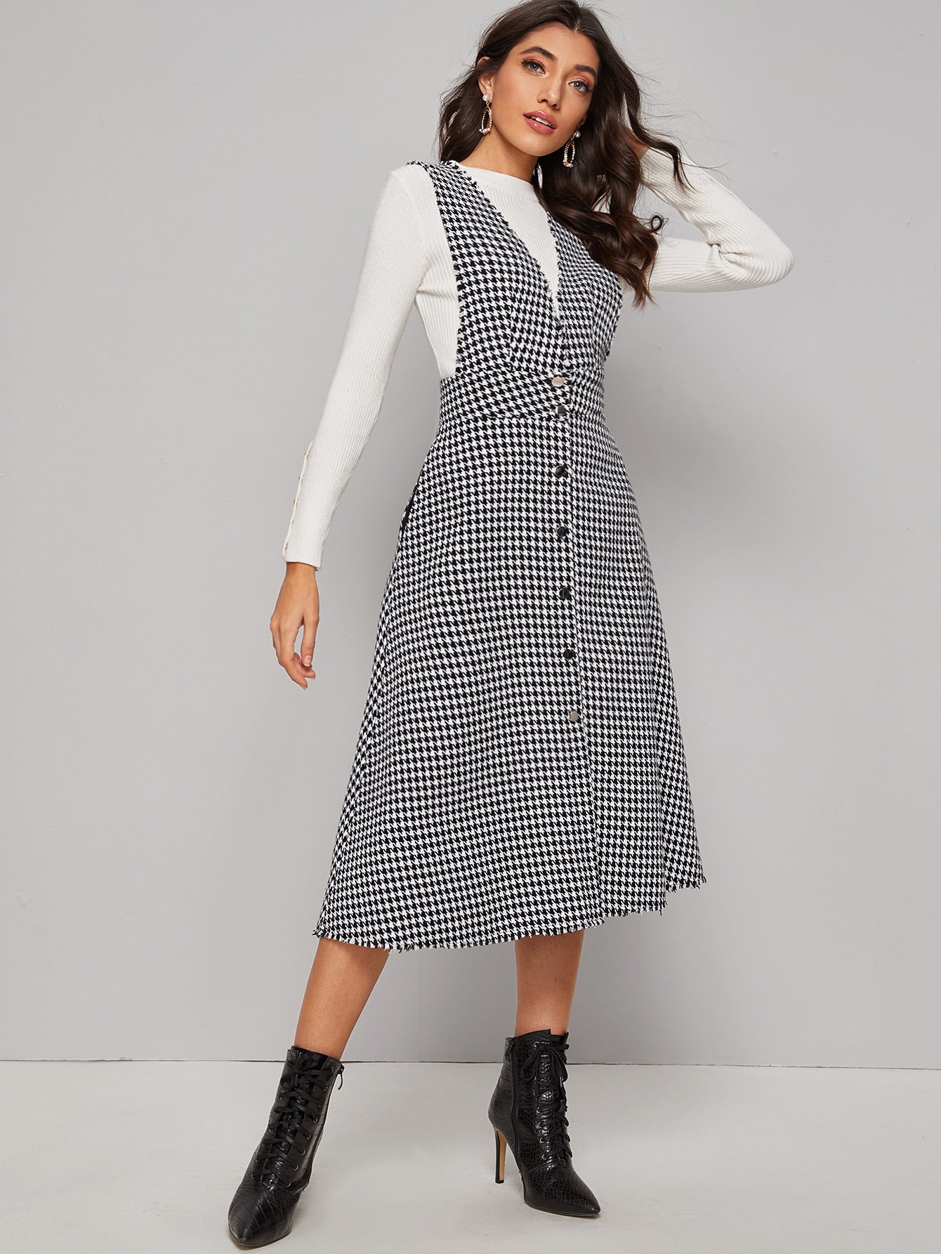 Button Front Raw Hem Houndstooth Tweed Pinafore Dress