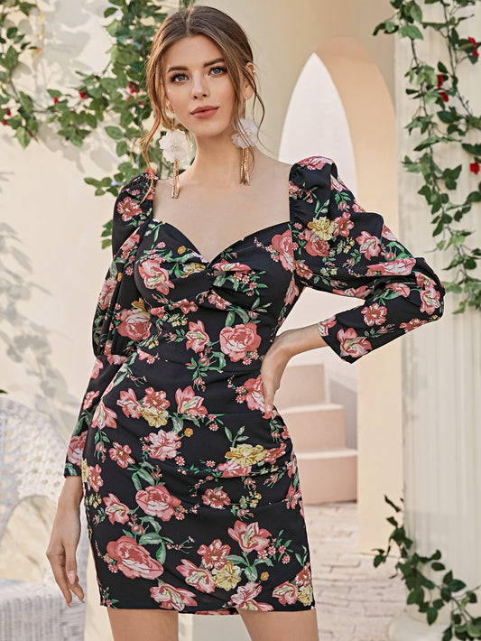 Sweetheart Neck Gigot Sleeve Floral Print Dress