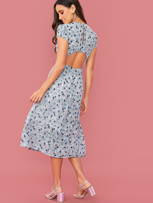 Cutout Back Split Thigh Ditsy Floral Print Dress