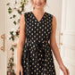 V-neck Polka Dot Sleeveless Belted Dress