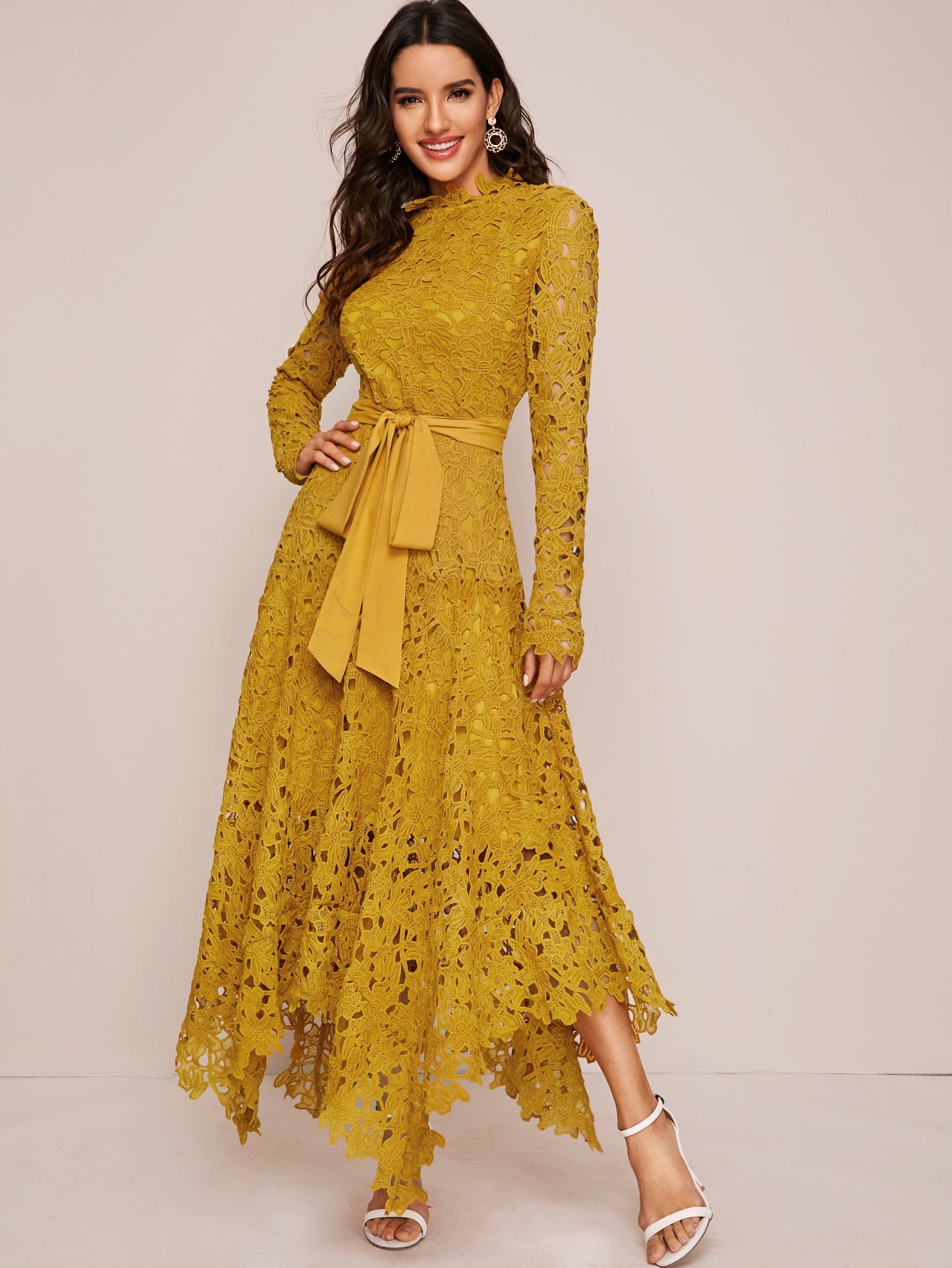 Zip Back Hanky Hem Belted Guipure Lace Maxi Dress