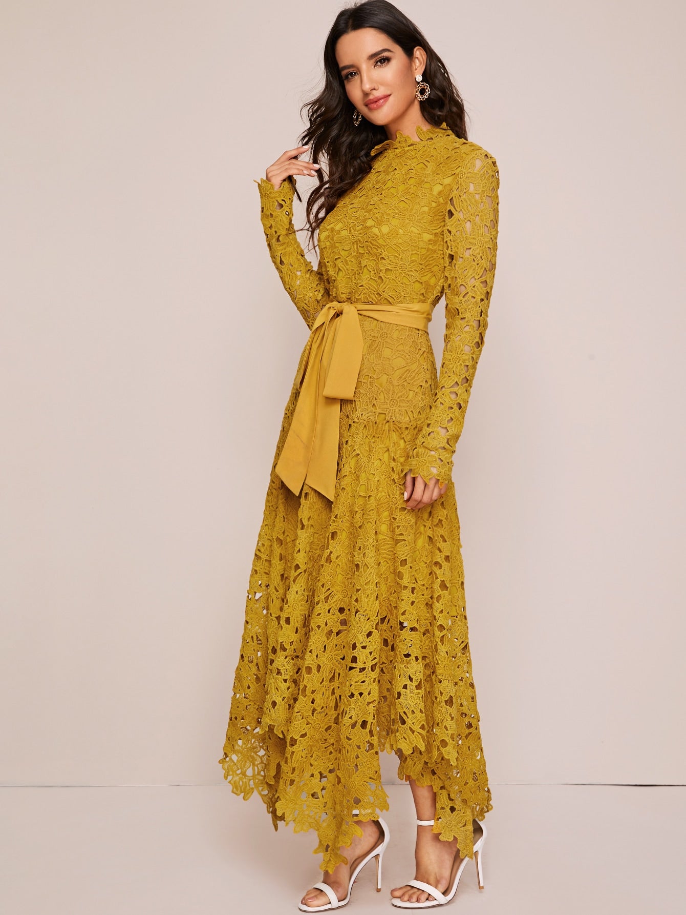 Zip Back Hanky Hem Belted Guipure Lace Maxi Dress