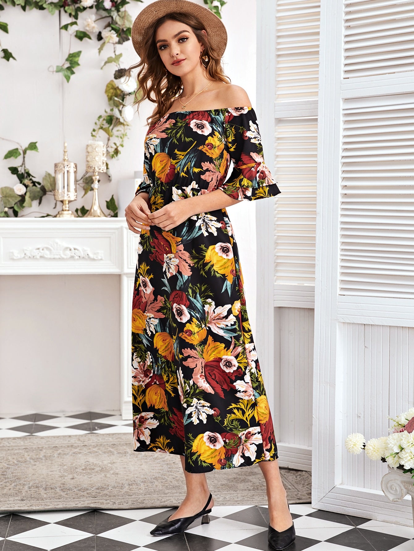 Floral Print Bardot A-line Dress