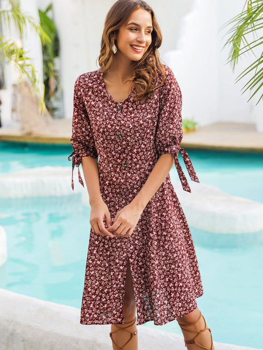 Ditsy Floral Print Knot Cuff Dress