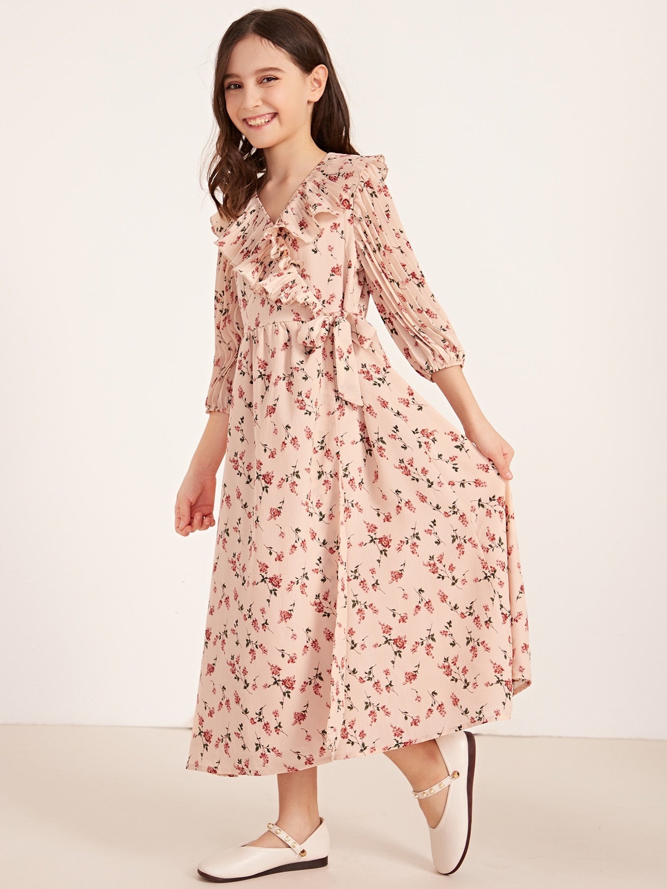Girls V-neck Ruffle Detail Pleated Sleeve Ditsy Floral Dress