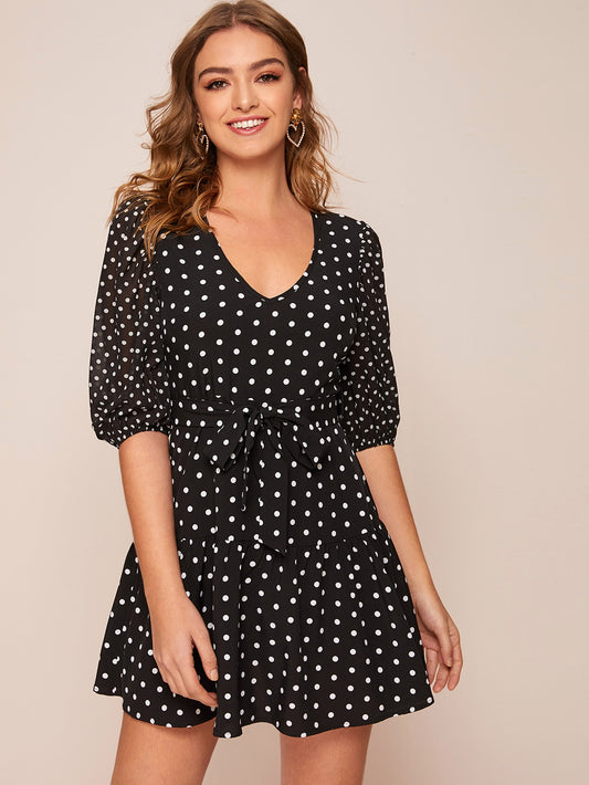 Polka Dot Sheer Sleeve Flounce Hem Self Belted Dress