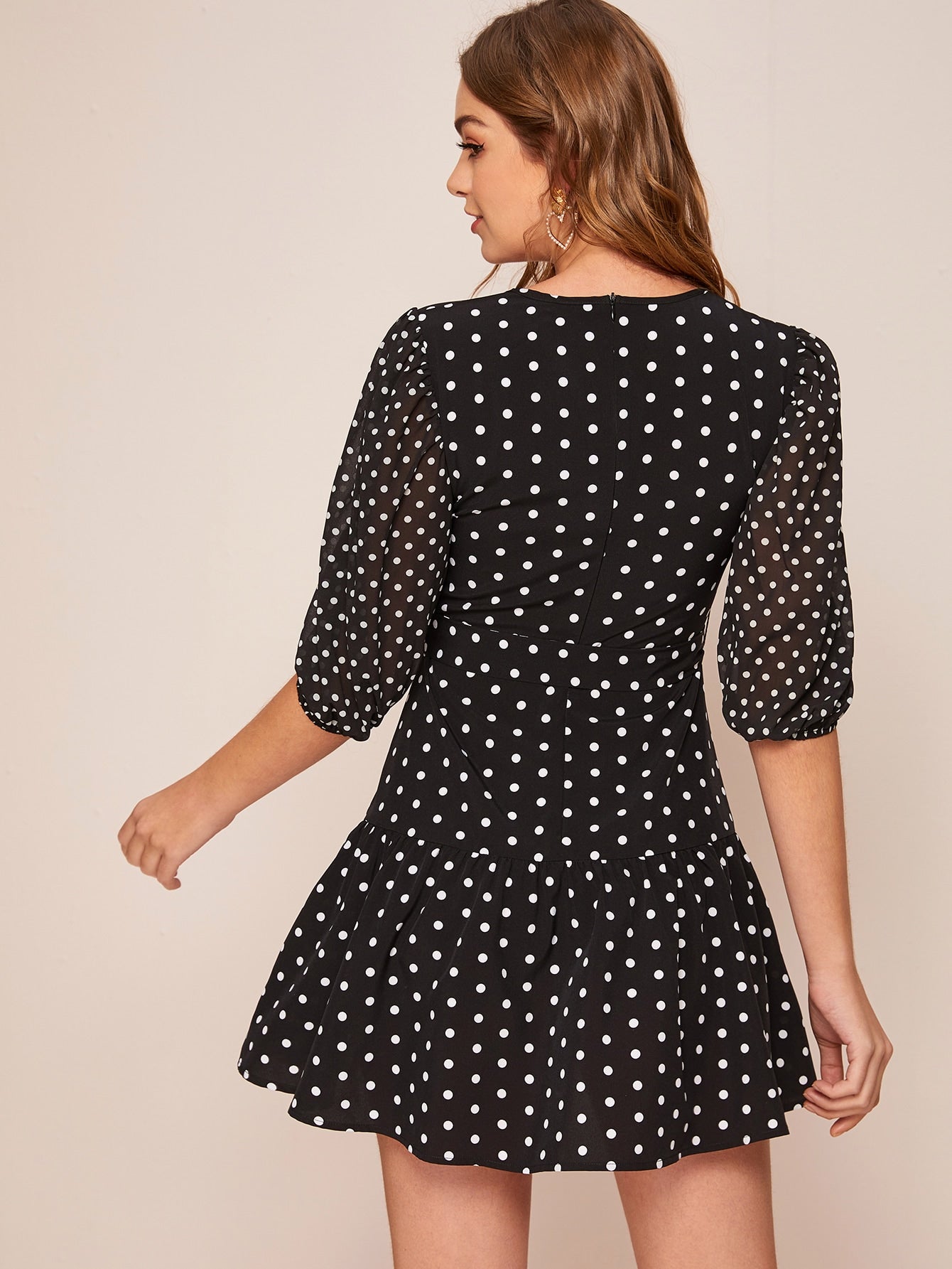Polka Dot Sheer Sleeve Flounce Hem Self Belted Dress