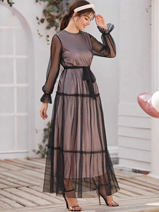 Self Belted Frill Trim Swiss Dot Mesh Overlay Dress