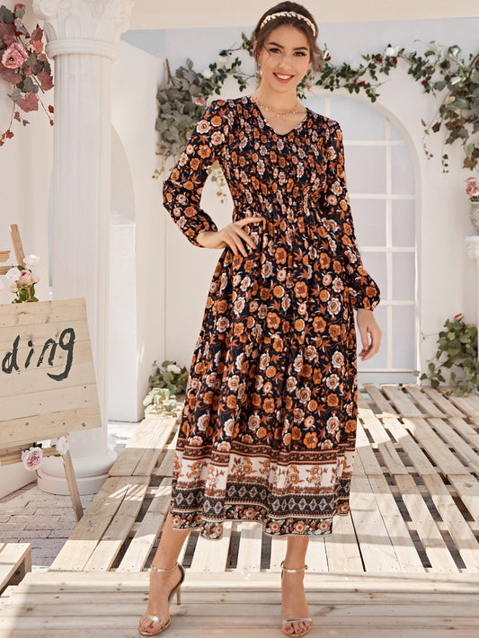 Floral Print Shirred Bodice Lantern Sleeve Dress