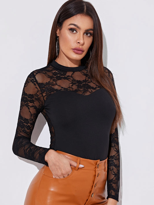 Sheer Lace Back Fitted Top
