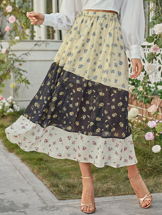 Elastic Waist Ditsy Floral Colorblock Skirt