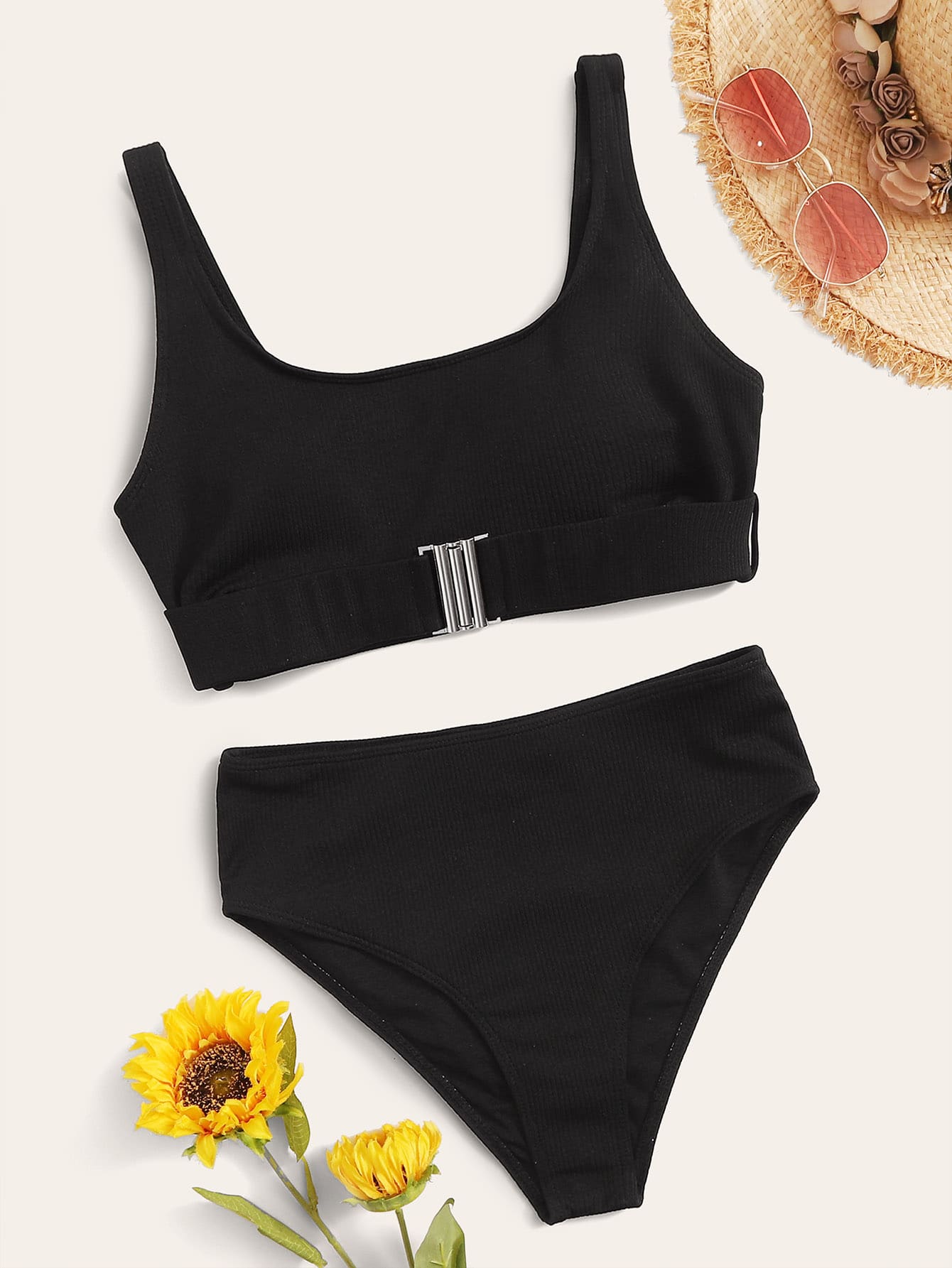 Rib Top With High Waist Bikini Set