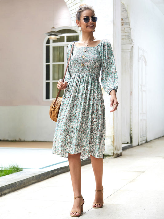 Ditsy Floral Half Button Shirred Dress