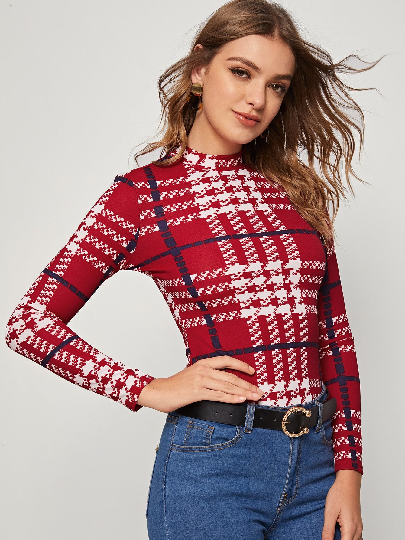 Mock-neck Plaid Fitted Tee