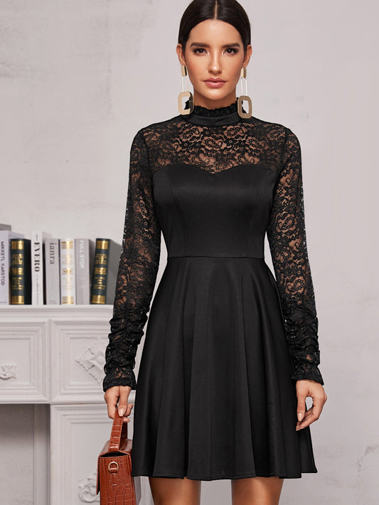 Contrast Lace Mock Neck Flare Hem Dress