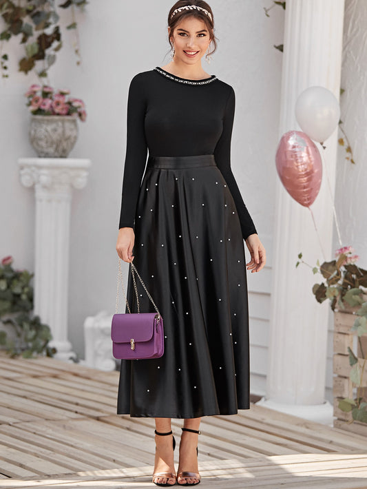 Tape Neckline Pearls Beaded Satin Combo Dress