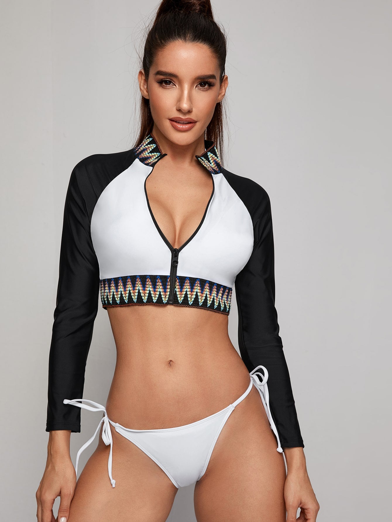 Zipper Front Long Sleeve Top With Tie Side Bikini Set