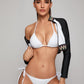 Zipper Front Long Sleeve Top With Tie Side Bikini Set