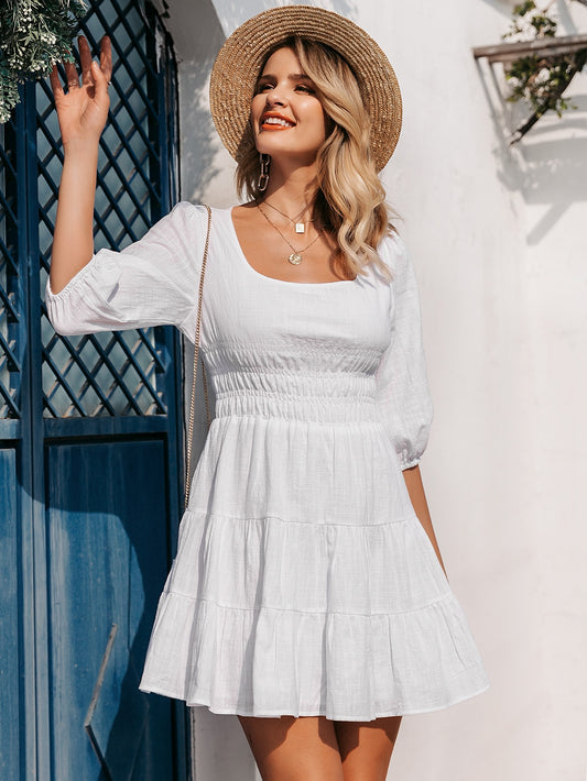 Scoop Neck Shirred Layered Hem A-line Dress