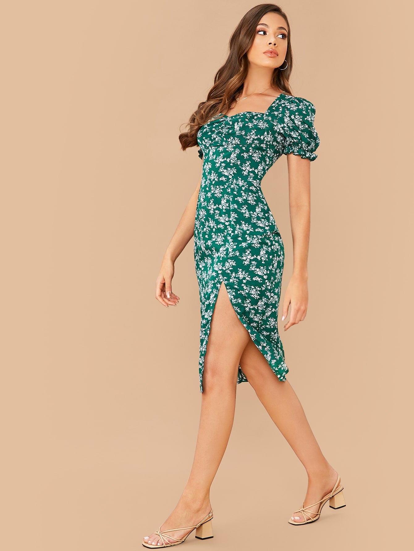 Ruched Front Puff Sleeve High Split Dress