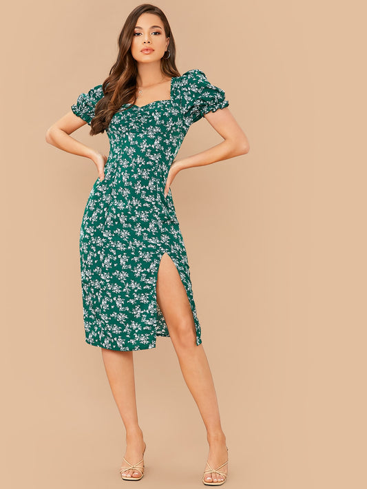 Ruched Front Puff Sleeve High Split Dress