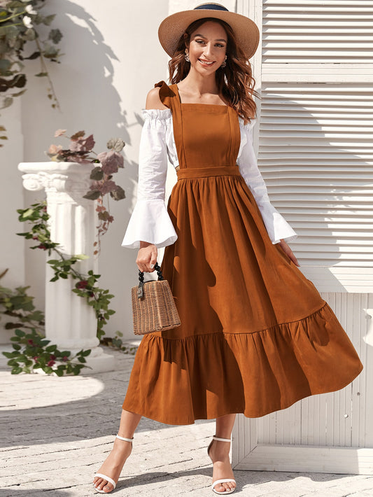 Ruffle Trim High Waist Overall Dress