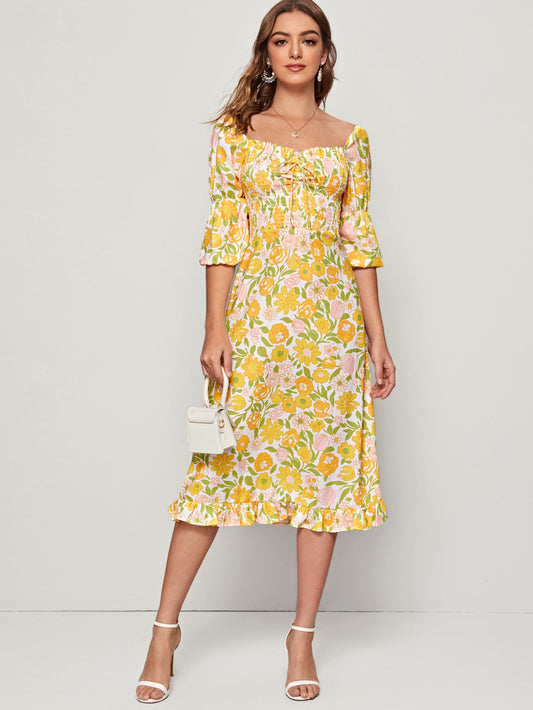 Floral Print Smocked Bodice Dress
