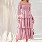 Frill Shirred Layered Hem Bardot A-line Dress