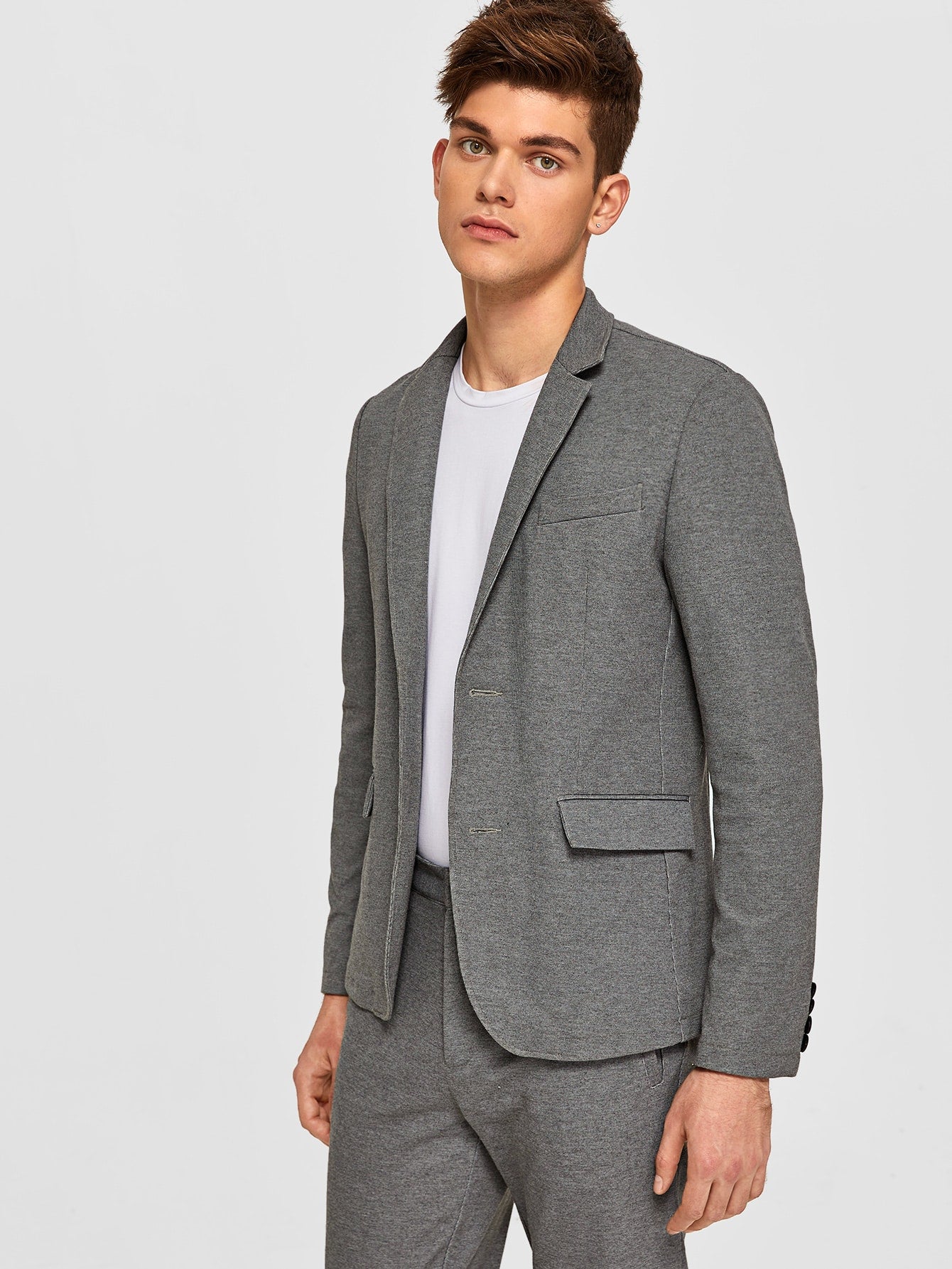 Men Notched Collar Buttoned Front Heather Gray Blazer