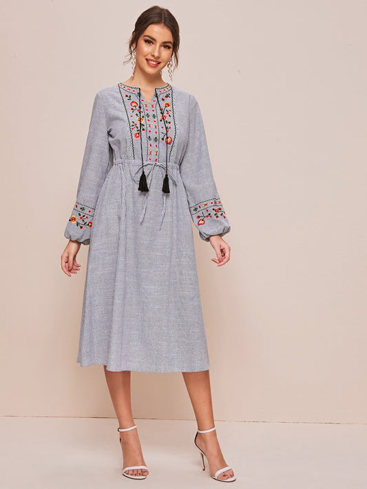 Tassel Tie Neck Embroidered Striped Peasant Dress