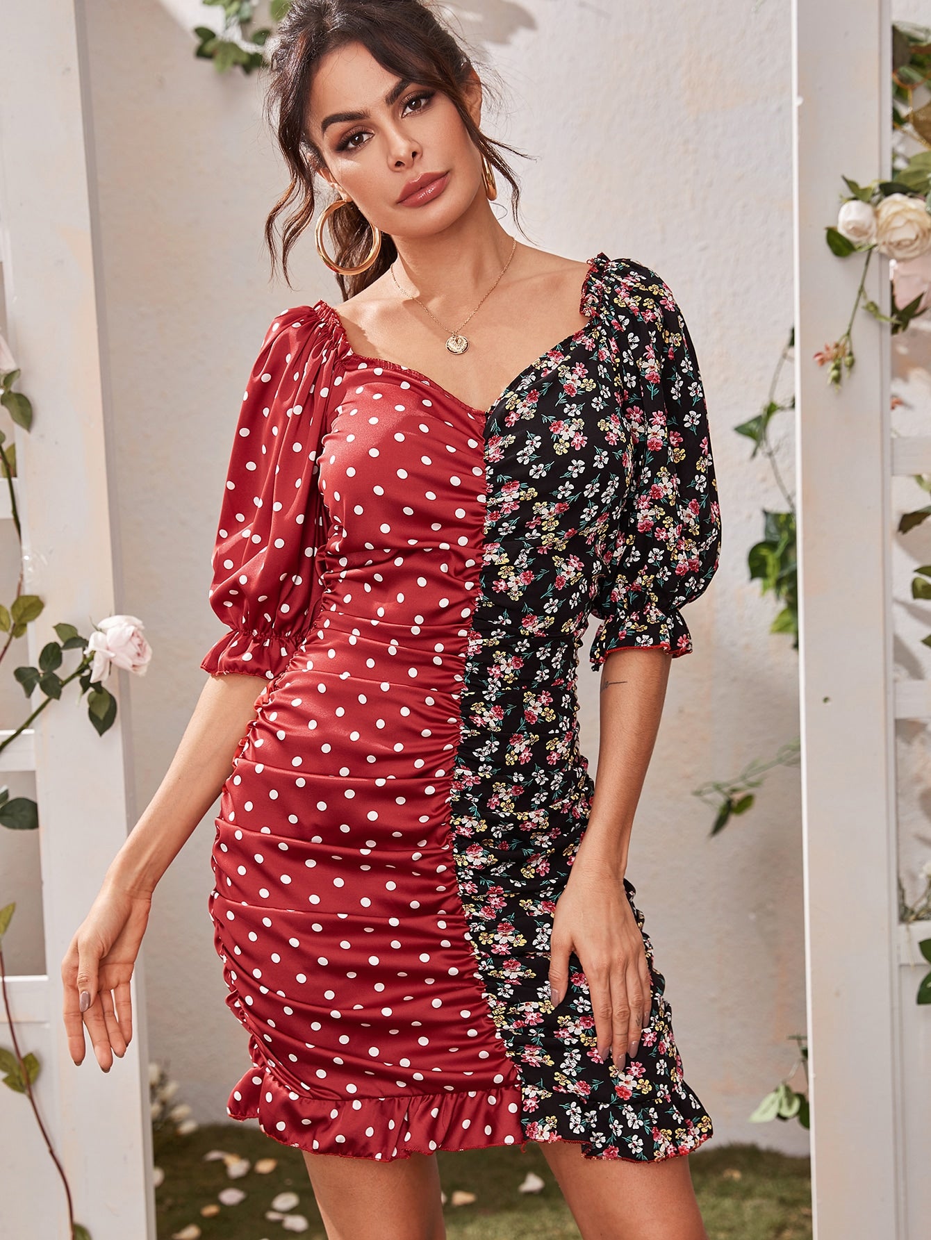 Polka Dot And Ditsy Floral Spliced Ruched Dress