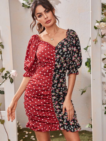 Polka Dot And Ditsy Floral Spliced Ruched Dress