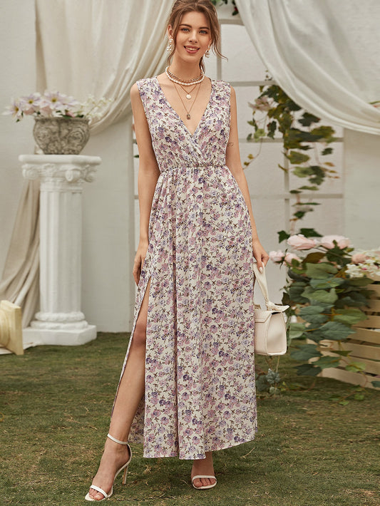 Floral Print Split Hem Surplice Dress