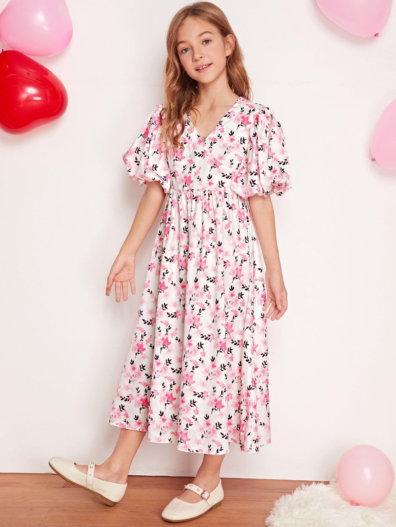 Girls Puff Sleeve Floral Print Dress