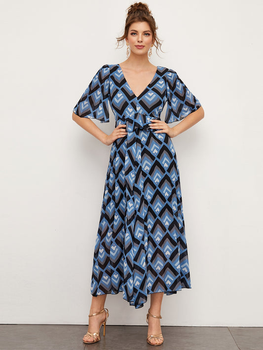 Ruffle Trim Keyhole Back Chiffon Dress