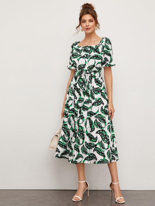 Square Neck Plants Print Dress