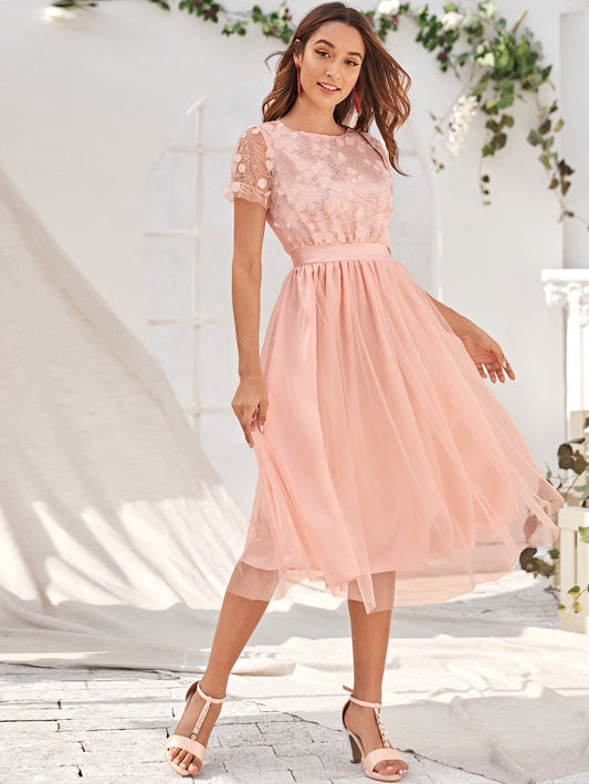 Polka Dot Contrast Sequin Mesh A-line Dress