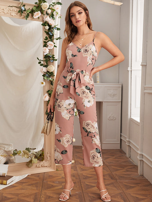 Floral Print Belted Cami Jumpsuit