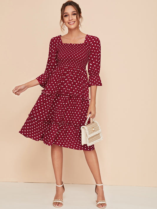 Polka Dot Frill Trim Tie Back A-line Dress