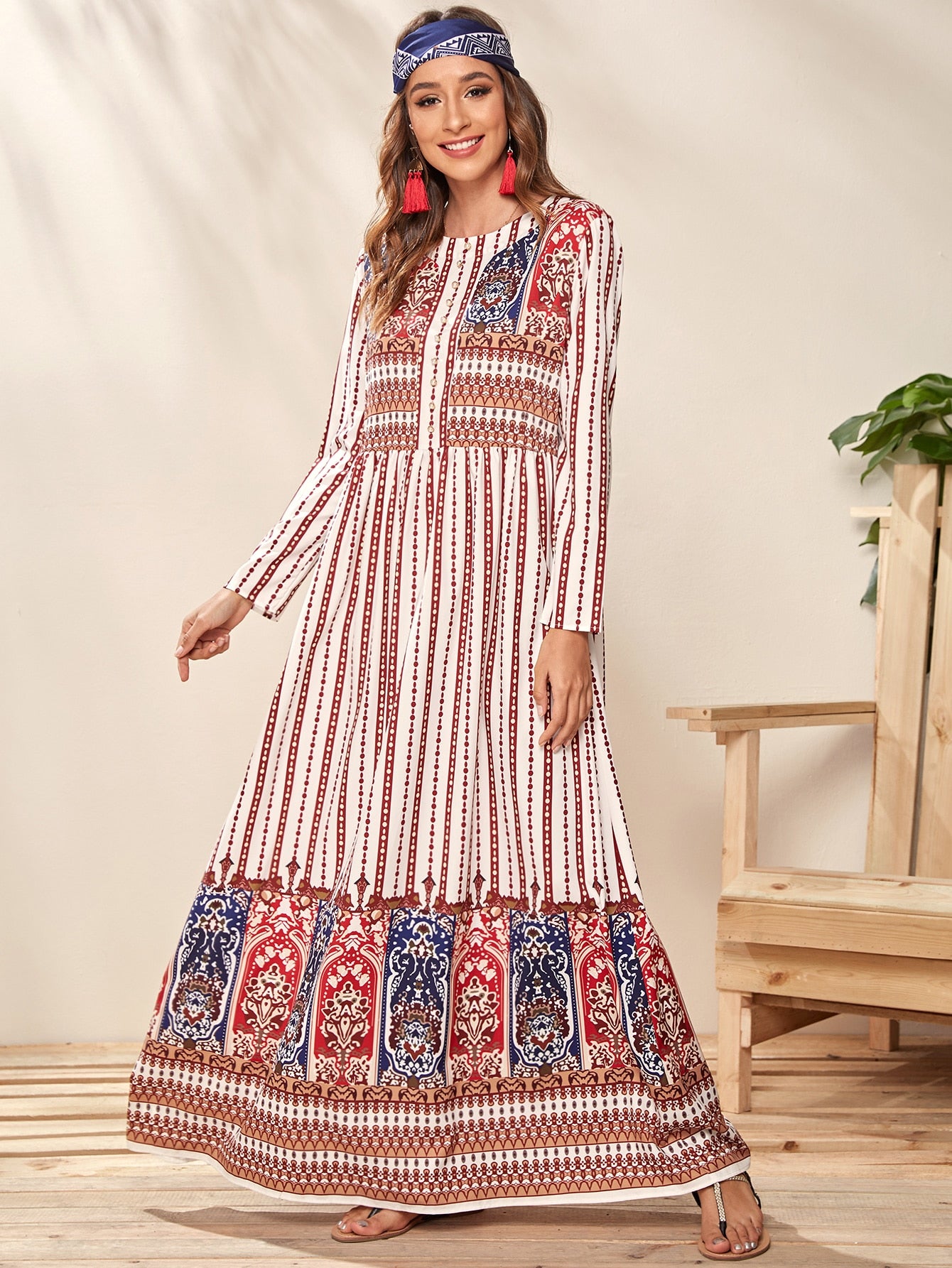 Pearls Button Front Tribal Print Dress Without Bag