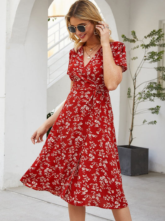Floral Print Wrap Belted Dress