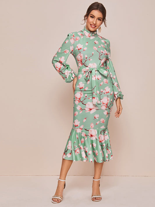 Frill Neck Lantern Sleeve Belted Mermaid Dress