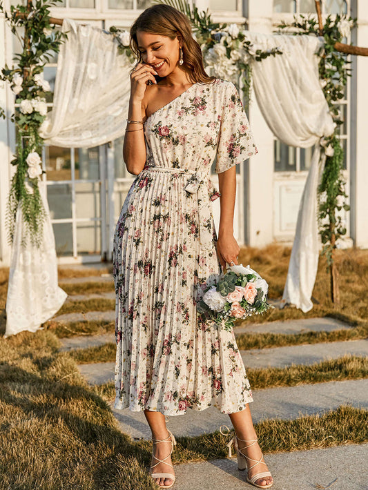 Floral Print One Shoulder Belted Pleated Hem Dress