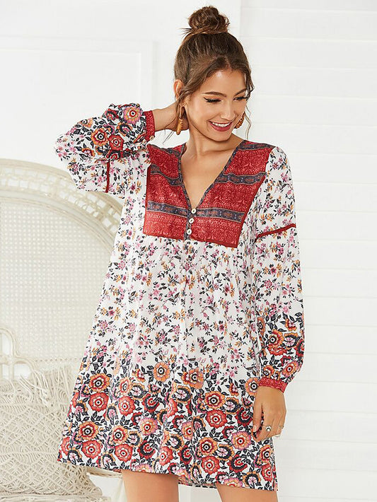 V-neck Button Front Floral Print Dress