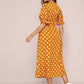 Notched Neck Ruched Buttoned Front Polka Dot Dress