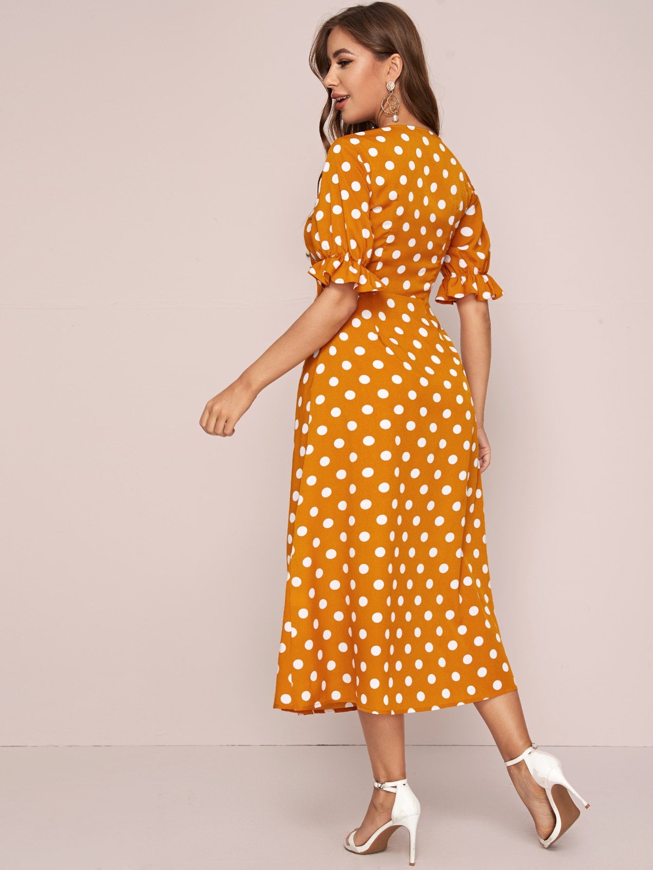 Notched Neck Ruched Buttoned Front Polka Dot Dress