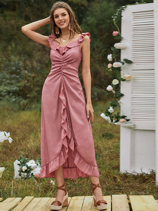 Ruffle Trim High Low Ruched Detail Dress