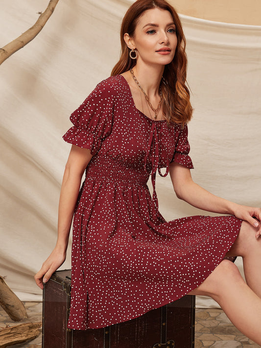 Polka Dot Tie Front Shirred A-line Dress