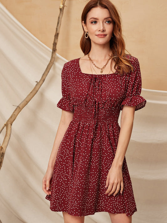 Polka Dot Tie Front Shirred A-line Dress