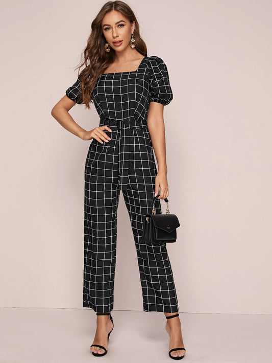Square Neck Puff Sleeve Plaid Jumpsuit